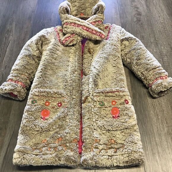 Oilily Girls Long Sherpa Coat Hooded Full Zip Embroidered Ribbons Size 140 10Y - Picture 3 of 12